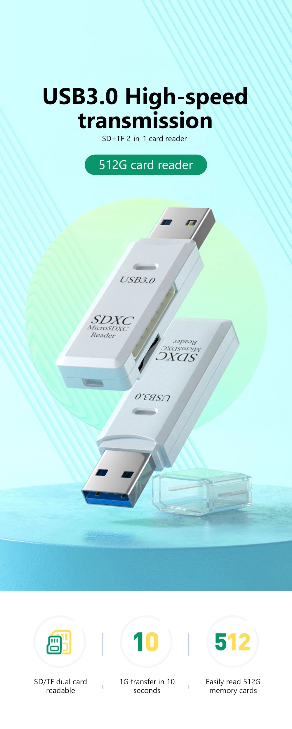 2 in 1 USB 3.0 Card Reader Micro TF SD Adapter VXN
